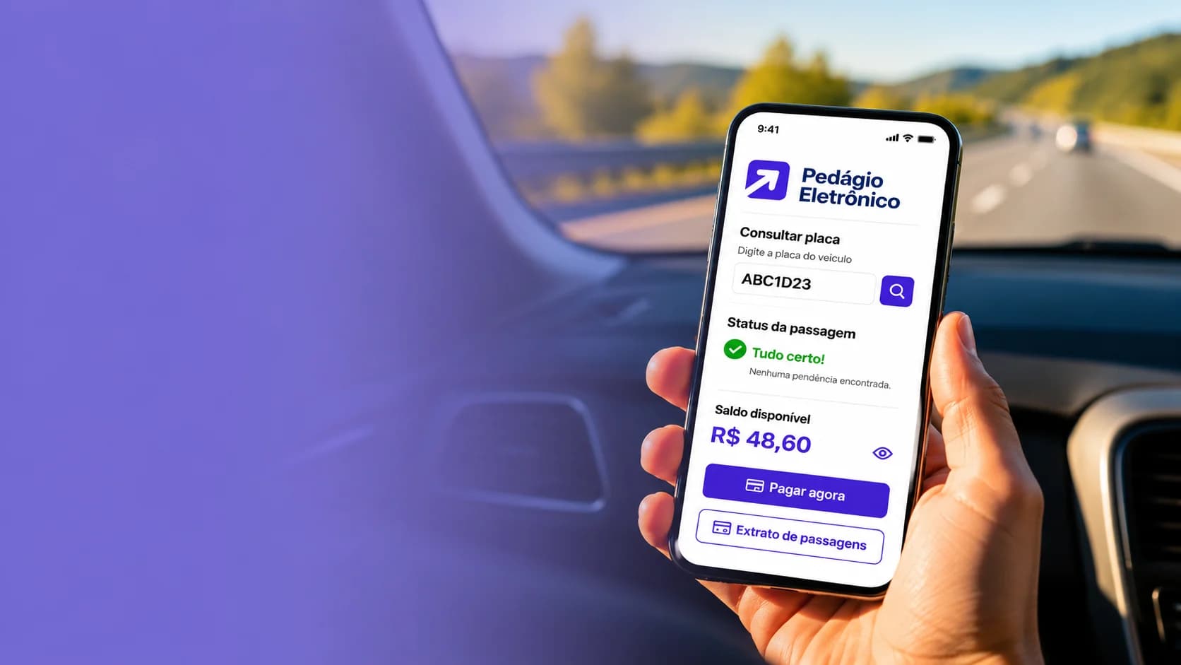 App Pedágio Eletrônico no celular mostrando a consulta de passagens pela placa