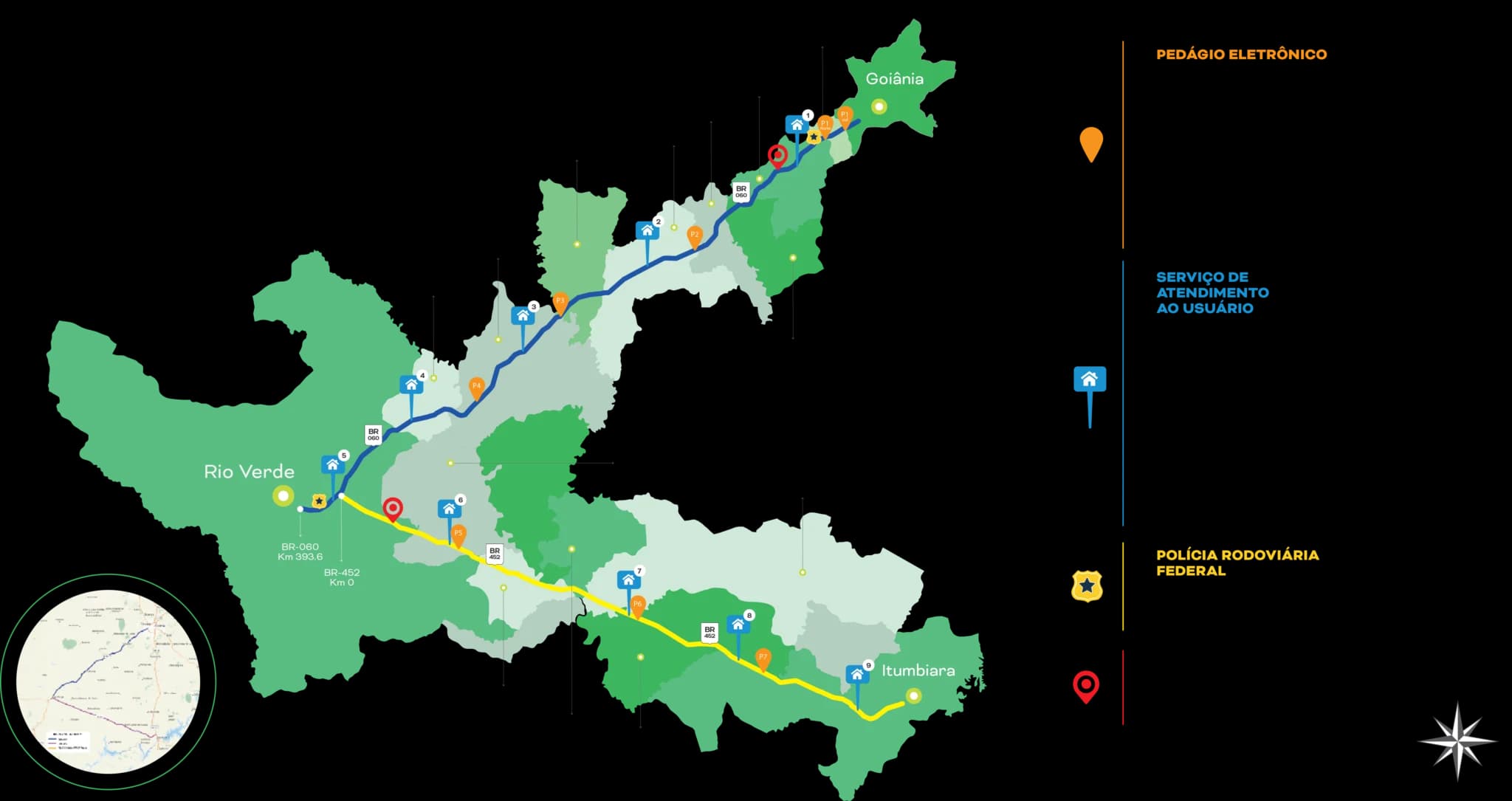 Mapa dos pórticos de pedágio Free Flow da Rota Verde nas rodovias BR-060 e BR-452 no estado de Goiás