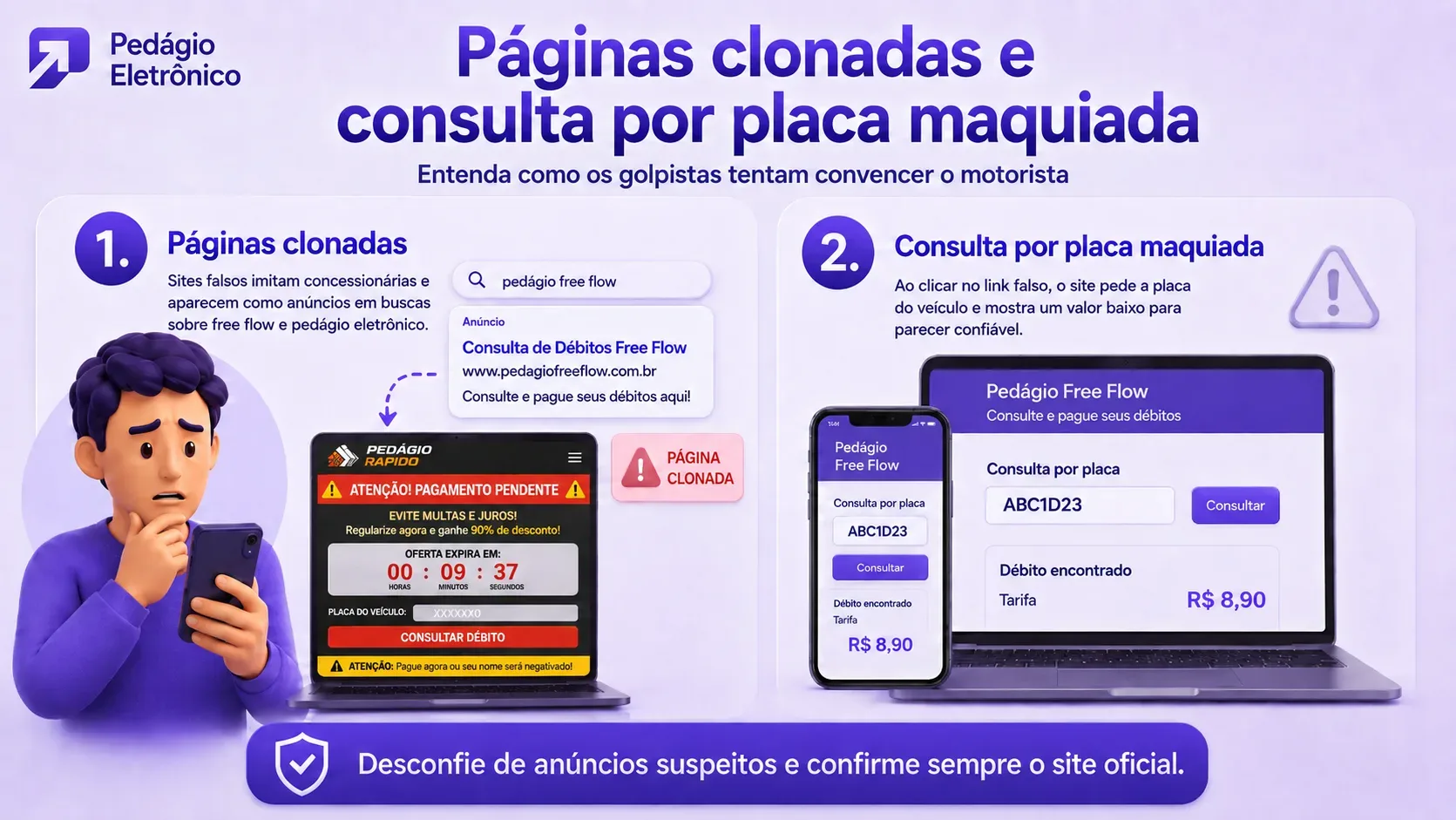 Infográfico: páginas clonadas e consulta por placa maquiada, como os golpistas tentam convencer o motorista