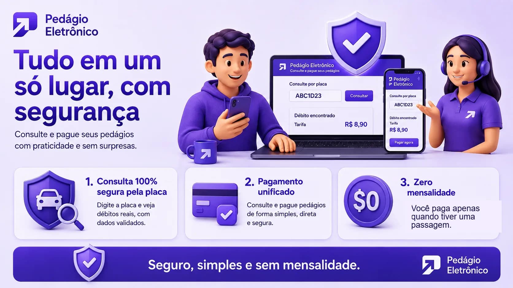 Consulta e pagamento de pedágio 100% segura pela placa: consulta validada, pagamento unificado e zero mensalidade no Pedágio Eletrônico