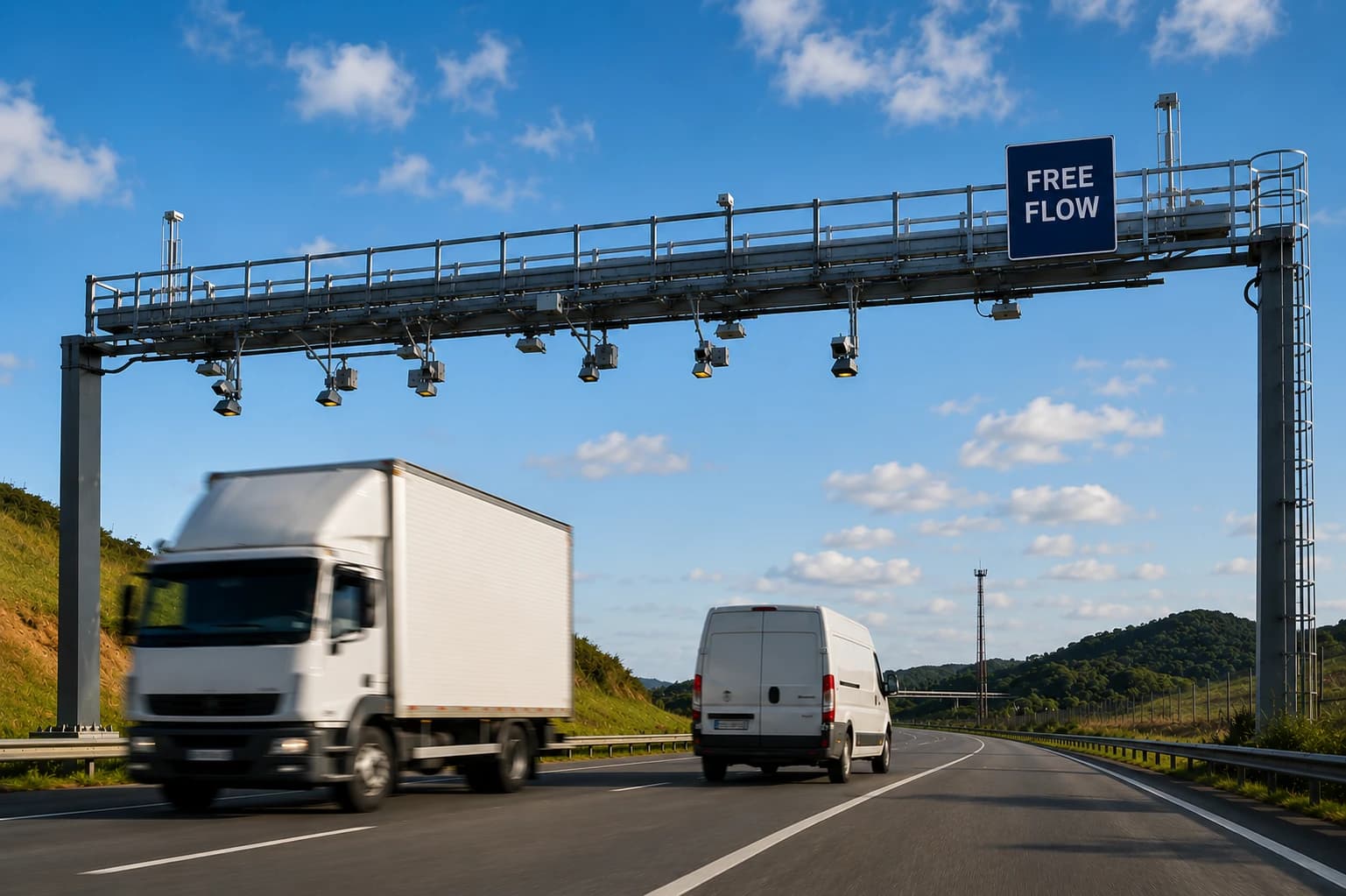 Frota de veículos passando por pórtico de pedágio Free Flow em rodovia