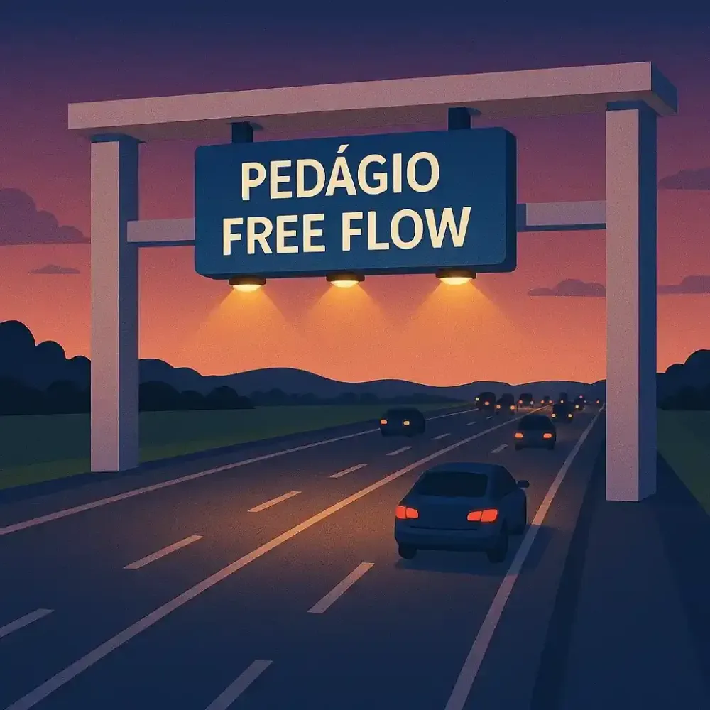 o-que-e-free-flow-ilustracao-portal-pedagio-free-flow-estrada-anoitecer.webp
